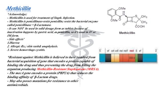 Methicillin
*Acknowledge;
- Methicillin is used for treatment of Staph. Infection.
- Methicillin is penicillinase-resist penicillin; resist the bacterial enzyme
called penicillinase = β-Lactamase.
- It can NOT be used in solid dosage form as tablets bscause of
inactivation happens by gastric acid, as penicillin, so it’s used in IV or
IM form.
- Side effects’
1.Diarrea
2. Allergic Rx.; skin rash& anaphylaxis.
3. Severe hemorrhage cystitis.
*Resistant against Methicillin is believed to have resulted from
bacterial acquisition of gene that encodes a protein capable of
binding the drug and thus preventing the drug from killing the
organism producing Methicillin-Resistant Staph.aureus (MRSA).
- The mecA gene encodes a protein (PBP2A) that reduces the
binding affinity of β-Lactam drugs.
- May also posses mutations for resistance to other
antimicrobials.
 