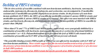 Tackling of PBP2A strategy
*The in-vitro activity of oxacillin combined with non-beta-lactam antibiotics, bacitracin, vancomycin,
enduracidin, tunicamycin, flavomycin, fosfomycin, and cycloserine, was investigated in 23 methicillin-
resistant and 15 methicillin-susceptible Staphylococcus aureus strains. In the presence of a non-beta-
lactam antibiotic (0.25 MIC), the MICs of oxacillin for methicillin-resistant S. aureus (MRSA) strains and
methicillin-susceptible S. aureus (MSSA) strains were lowered. This effect was most marked with MRSA
strains, and bacitracin, flavomycin, and tunicamycin increased the susceptibility of MRSA to oxacillin by
greater than 200-fold.
*More than 87% and 77% of MRSA and MSSA strains, respectively, were synergically inhibited by a
combination of oxacillin with bacitracin, tunicamycin, flavomycin or cycloserine (fractional inhibitory
concentration < or = 0.5). Polyanetholesulfonic acid prevented the lysis of MRSA cells treated with a
combination of oxacillin and 0.25 MIC of bacitracin, but did not prevent cell death.
*The penicillin binding protein (PBP) profile of MRSA was not affected by incubation with 0.25 MIC of
non-beta-lactam antibiotics. These results suggest that the increased antibacterial activity of oxacillin in
the presence of non-beta-lactam antibiotic is not the consequence of activation of autolysis or of a decrease
in bulk PBP synthesis.
PBP2 is essential for growth of an MSSA strain but not for growth of an MRSA strain.
 