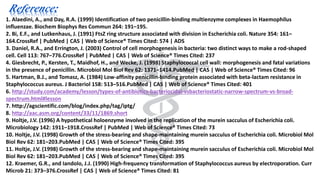 Reference;
1. Alaedini, A., and Day, R.A. (1999) Identification of two penicillin-binding multienzyme complexes in Haemophilus
influenzae. Biochem Biophys Res Commun 264: 191–195.
2. Bi, E.F., and Lutkenhaus, J. (1991) FtsZ ring structure associated with division in Escherichia coli. Nature 354: 161–
164.CrossRef | PubMed | CAS | Web of Science® Times Cited: 574 | ADS
3. Daniel, R.A., and Errington, J. (2003) Control of cell morphogenesis in bacteria: two distinct ways to make a rod-shaped
cell. Cell 113: 767–776.CrossRef | PubMed | CAS | Web of Science® Times Cited: 237
4. Giesbrecht, P., Kersten, T., Maidhof, H., and Wecke, J. (1998) Staphylococcal cell wall: morphogenesis and fatal variations
in the presence of penicillin. Microbiol Mol Biol Rev 62: 1371–1414.PubMed | CAS | Web of Science® Times Cited: 96
5. Hartman, B.J., and Tomasz, A. (1984) Low-affinity penicillin-binding protein associated with beta-lactam resistance in
Staphylococcus aureus. J Bacteriol 158: 513–516.PubMed | CAS | Web of Science® Times Cited: 401
6. http://study.com/academy/lesson/types-of-antibiotics-bacteriocidal-vsbacteriostatic-narrow-spectrum-vs-broad-
spectrum.html#lesson
7. http://agscientific.com/blog/index.php/tag/iptg/
8. http://aac.asm.org/content/33/11/1869.short
9. Holtje, J.V. (1996) A hypothetical holoenzyme involved in the replication of the murein sacculus of Escherichia coli.
Microbiology 142: 1911–1918.CrossRef | PubMed | Web of Science® Times Cited: 73
10. Holtje, J.V. (1998) Growth of the stress-bearing and shape-maintaining murein sacculus of Escherichia coli. Microbiol Mol
Biol Rev 62: 181–203.PubMed | CAS | Web of Science® Times Cited: 395
11. Holtje, J.V. (1998) Growth of the stress-bearing and shape-maintaining murein sacculus of Escherichia coli. Microbiol Mol
Biol Rev 62: 181–203.PubMed | CAS | Web of Science® Times Cited: 395
12. Kraemer, G.R., and Iandolo, J.J. (1990) High-frequency transformation of Staphylococcus aureus by electroporation. Curr
Microb 21: 373–376.CrossRef | CAS | Web of Science® Times Cited: 81
 