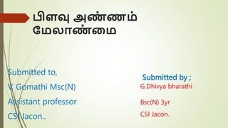 பிளவு அண
் ணம்
மமலாண
் மம
Submitted to,
V. Gomathi Msc(N)
Assistant professor
CSI Jacon..
Submitted by ;
G.Dhivya bharathi
Bsc(N) 3yr
CSI Jacon.
 