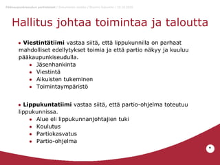 Pääkaupunkiseudun partiolaiset / Dokumentin otsikko / Etunimi Sukunimi / 10.10.2010

Hallitus johtaa toimintaa ja taloutta
● Viestintätiimi vastaa siitä, että lippukunnilla on parhaat

mahdolliset edellytykset toimia ja että partio näkyy ja kuuluu
pääkaupunkiseudulla.
● Jäsenhankinta
● Viestintä
● Aikuisten tukeminen
● Toimintaympäristö
● Lippukuntatiimi vastaa siitä, että partio-ohjelma toteutuu

lippukunnissa.
● Alue eli lippukunnanjohtajien tuki
● Koulutus
● Partiokasvatus
● Partio-ohjelma
*

 