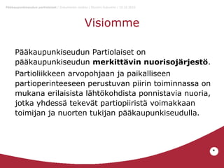 Pääkaupunkiseudun partiolaiset / Dokumentin otsikko / Etunimi Sukunimi / 10.10.2010

Visiomme
Pääkaupunkiseudun Partiolaiset on
pääkaupunkiseudun merkittävin nuorisojärjestö.
Partioliikkeen arvopohjaan ja paikalliseen
partioperinteeseen perustuvan piirin toiminnassa on
mukana erilaisista lähtökohdista ponnistavia nuoria,
jotka yhdessä tekevät partiopiiristä voimakkaan
toimijan ja nuorten tukijan pääkaupunkiseudulla.

*

 