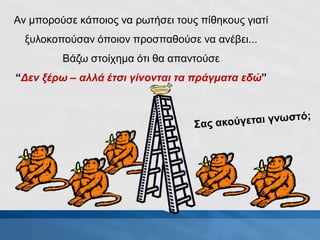 Αν μπορούσε κάποιος να ρωτήσει τους πίθηκους γιατί
ξυλοκοπούσαν όποιον προσπαθούσε να ανέβει...
Βάζω στοίχημα ότι θα απαντούσε
“Δεν ξέρω – αλλά έτσι γίνονται τα πράγματα εδώ”
 