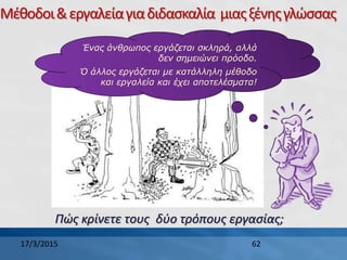 Μέθοδοι&εργαλείαγιαδιδασκαλία μιαςξένηςγλώσσας
62
Πώς κρίνετε τους δύο τρόπους εργασίας;
Ένας άνθρωπος εργάζεται σκληρά, αλλά
δεν σημειώνει πρόοδο.
Ό άλλος εργάζεται με κατάλληλη μέθοδο
και εργαλεία και έχει αποτελέσματα!
17/3/2015
 