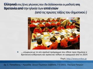 ….σύμφωνα με το νέο σχολικό πρόγραμμα που έθεσε προς δημόσια η
βρετανική κυβέρνηση και πρόκειται τέθηκε σε εφαρμογή από το 2014.
Δρ. Σ. Παπαδάκης – Ημερίδα Ξένων Γλωσσών Σάββατο, 7-3-2015, Παν/μιο Πατρών
Πηγή: http://www.enikos.gr
 