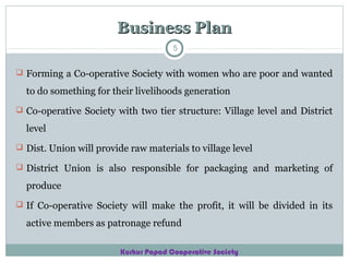 Business Plan
5

 Forming a Co-operative Society with women who are poor and wanted

to do something for their livelihoods generation
 Co-operative Society with two tier structure: Village level and District

level
 Dist. Union will provide raw materials to village level
 District Union is also responsible for packaging and marketing of

produce
 If Co-operative Society will make the profit, it will be divided in its

active members as patronage refund
Kurkur Papad Cooperative Society

 