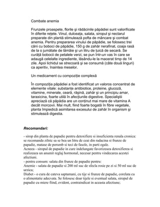Combate anemia

     Frunzele proaspete, florile şi rădăcinile păpădiei sunt valorificate
     în diferite reţete. Vinul, dulceaţa, salata, siropul şi nectarul
     preparate din plantă stimulează pofta de mâncare şi combat
     anemia. Pentru prepararea vinului de păpădie, se folosesc trei
     căni cu boboci de păpădie, 150 g de zahăr nerafinat, coaja rasă
     de la o jumătate de lămâie şi un litru de ţuică de secară. Se
     curăţă bobocii de petalele verzi, se pun într-un vas în care se
     adaugă celelalte ingrediente, lăsându-le la macerat timp de 14
     zile. Apoi lichidul se strecoară şi se consumă (câte două linguri)
     ca aperitiv, înaintea meselor.

     Un medicament cu compoziţie complexă

     În compoziţia păpădiei a fost identificat un valoros concentrat de
     elemente vitale: substanţe antibiotice, proteine, glucoză,
     vitamine, minerale, ceară, răşină, zahăr şi un principiu amar,
     taraxicina, foarte utilă în afecţiunile digestive. Specialiştii
     apreciază că păpădia are un conţinut mai mare de vitamina A
     decât morcovii. Mai mult, fiind foarte bogată în fibre vegetale,
     planta împiedică asimilarea excesului de zahăr în organism şi
     stimulează digestia.



Recomandari:

- sirop din planta de papadie pentru detoxifiere si insuficienta renala cronica:
se recomanda zilnic sa se bea un litru de ceai din radacina si frunze de
papadie, matase de porumb si teci de fasole, in parti egale.
Acneea - siropul de papadie in cure indelungate favorizeaza detoxifierea si
realizeaza un anumit reglaj hormonal, necesar pentru vindecarea acestei
afectiuni.
- pentru consum: salata din frunze de papadie pentru:
Anemie - salata de papadie si 200 ml suc de sfecla rosie pe zi si 50 ml suc de
urzica;
Diabet - o cura de cateva saptamani, cu tije si frunze de papadie, corelata cu
o alimentatie adecvata. Se folosesc doar tijele si eventual salata, siropul de
papadie cu miere fiind, evident, contraindicat in aceasta afectiune;
 