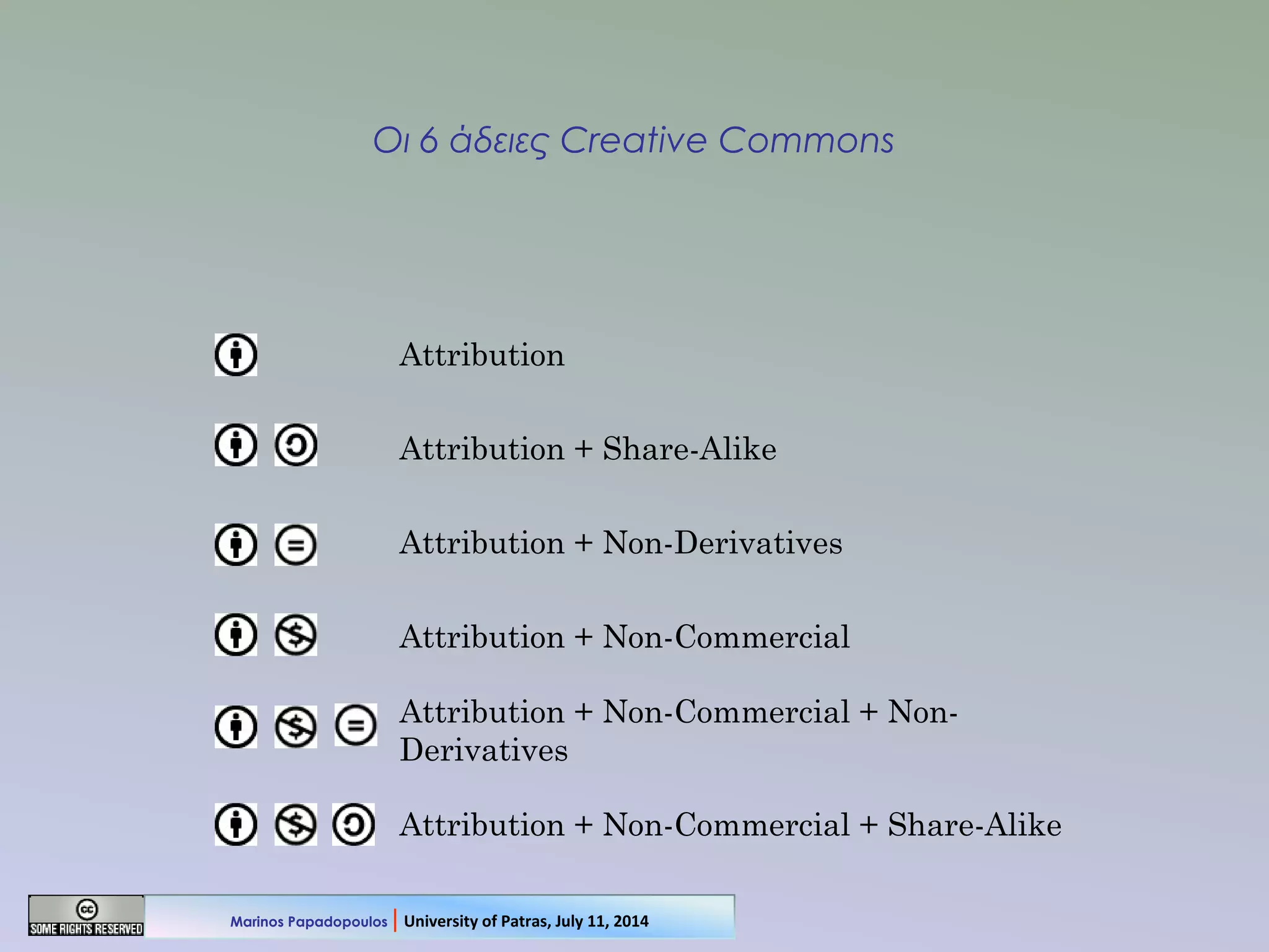 Οι 6 άδειες Creative Commons
Attribution
Attribution + Share-Alike
Attribution + Non-Derivatives
Attribution + Non-Commercial
Attribution + Non-Commercial + Non-
Derivatives
Attribution + Non-Commercial + Share-Alike
Marinos Papadopoulos | University of Patras, July 11, 2014
 