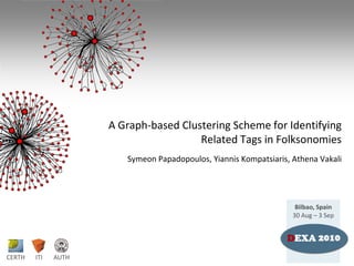 A Graph-based Clustering Scheme for Identifying
                                       Related Tags in Folksonomies
                        Symeon Papadopoulos, Yiannis Kompatsiaris, Athena Vakali




                                                                    Bilbao, Spain
                                                                   30 Aug – 3 Sep




CERTH   ITI   AUTH
 