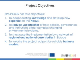 Project Objectives
SIM4NEXUS has four objectives:
1. To adopt existing knowledge and develop new
expertise on the Nexus,
2. To reduce uncertainties of how policies, governance
and institutions affect complex changing
environmental systems,
3. To showcase the implementation by a network of
regional and national case studies in Europe
4. To valorise the project outputs by suitable business
models.
 