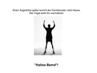 Einen Augenblick später kommt der Familienvater nach Hause. Der Vogel sieht ihn und krächzt: "Halloo Bernd"! 