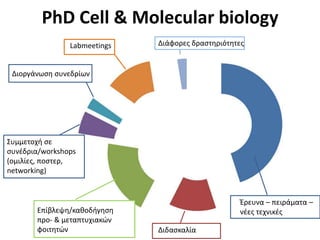 PhD Cell & Molecular biologyΔιάφορες δραστηριότητεςLabmeetingsΔιοργάνωση συνεδρίωνΣυμμετοχή σε συνέδρια/workshops (ομιλίες, ποστερ, networking)Έρευνα – πειράματα – νέες τεχνικέςΕπίβλεψη/καθοδήγηση προ- & μεταπτυχιακών φοιτητώνΔιδασκαλία