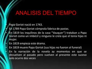 ANALISIS DEL TIEMPO
• Papa Goriot nació en 1743.
• En 1789 Papa Goriot cómprala fabrica de pastas.
• En 1819 los inquilinos de la casa “Vauquer”) trataban a Papa
  Goriot como un imbécil y ninguno le creía que el tenia hijas ni
  mujer.
• En 1819 empieza este drama.
• En 1819 muere Papa Goriot (sus hijas no fueron al funeral)
• En la narración de la novela ay momentos en que se
  devuelven al pasado pero vuelven al presente este suceso
  solo ocurre dos veces
 