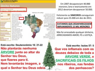 Está escrito: Isaias 57: 5
Que vos inflamais com os
deuses debaixo de toda a
ÁRVORE VERDE, e
SACRIFICAIS OS FILHOS
nos ribeiros, nas fendas
dos penhascos?
Em 2007 desapareciam 40.000
menores /ano e teoricamente em
2012 deveriam desaparecer 50.000.
Felizmente os SIMCEROS conseguiram
reduzir para 35.000 em dez de 2011.
EVITAMOS QUE DESAPARECESSEM
IMPUNIMENTE 15 MIL MENORES
Não foi arrecadado qualquer dinheiro,
ARRECADAMOS AMOR, FÉ e JUSTIÇA.
Está escrito: Deuteronômio 16: 21-22
Não plantarás nenhuma
ÁRVORE junto ao altar do
Senhor teu Deus,
que fizeres para ti.
Nem levantarás imagem, a
qual o Senhor teu Deus odeia.
 