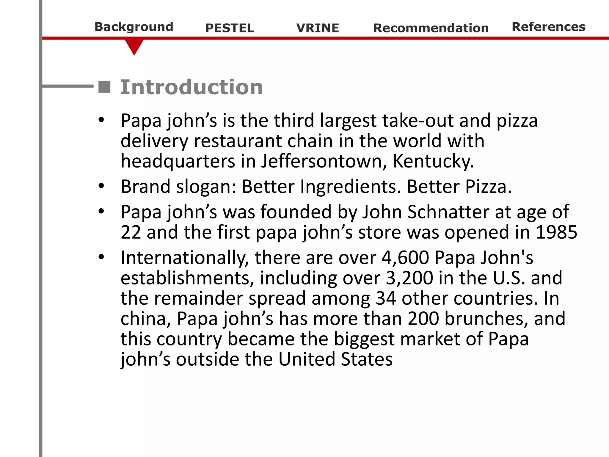PESTEL and VRINE Analysis for Papa John's | PPTX