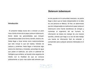 3
Solanum tuberosum
Introducción
El presente trabajo busca dar a conocer un poco
mas a fondo el tema de la papa (solanum tuberosum),
llendo desde las generalidades que incluyen
caracteristicas tales como forma, tamaño, textura, etc.
Hasta llegar a tocar temas como madcronutrientes
que esto incluye lo que son lipidos, hidratos de
carbono y proteínas, hasta llegar a mencionar algo
acerca de vitaminas y minerales, porcentaje de agua
que posee el tubérculo, así como el potencial de
hidrógeno que contiene, se tocarán otros aspectos de
interés con la finalidad de que se conozca
públicamente un poco mas sobre este alimento que
es tan popular en la comunidad mexicana, se podria
llegar a decir que es hasta indispensable en la dieta
de una persona en México. Al final, se determinará
que tan indispensable es realmente la papa (solanum
tuberosum) como fuente beneficiosa de energía y
nutrientes al organismo del ser humano, la
información se tratara de manejar de una manera
sencilla y directa que haga a su vez de este trabajo
una fuente de información fácil de entender y
comprender para cualquier persona interesada en el
tema.
 