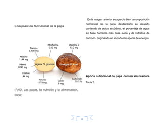 8
Compósicion Nutricional de la papa
(FAO, Las papas, la nutrición y la alimentación,
2008)
En la imagen anterior se aprecia bien la composición
nutricional de la papa, destacando su elevado
contenido de acido ascórbico, el porcentaje de agua
en base humedia mas base seca y de hidratos de
carbono, originando un importante aporte de energía.
Aporte nutricional de papa común sin cascara
Tabla 2.
 