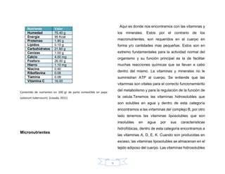 9
Contenido de nutrientes en 100 gr de parte comestible en papa
(solanum tuberosum). (Losada, 2011)
Micronutrientes
Aquí es donde nos encontramos con las vitaminas y
los minerales. Estos por el contrario de los
macronutrientes, son requeridos en el cuerpo en
forma y/o cantidades mas pequeñas. Estos son en
extremo fundamentales para la actividad normal del
organismo y su función principal es la de facilitar
muchas reacciones químicas que se llevan a cabo
dentro del mismo. La vitaminas y minerales no le
suministran ATP al cuerpo. Se entiende que las
vitaminas son vitales para el correcto funcionamiento
del metabolismo y para la regulación de la función de
la celula.Tenemos las vitaminas hidrosolubles que
son solubles en agua y dentro de esta categoría
encontramos a las virtaminas del complejo B, por otro
lado tenemos las vitaminas liposolubles que son
insolubles en agua por sus características
hidrofóbicas, dentro de esta categoría encontramos a
las vitaminas A, D, E, K. Cuando son producidas en
exceso, las vitaminas liposolubles se almacenan en el
tejido adiposo del cuerpo. Las vitaminas hidrosolubles
 