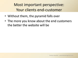 Most important perspective:
      Your clients end-customer
• Without them, the pyramid falls over
• The more you know about the end customers
  the better the website will be




                            Sheldon Nesdale :: www.MarketingFirst.co.nz
 
