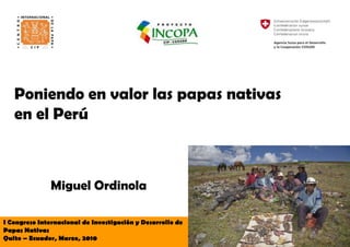 Poniendo en valor las papas nativas
   en el Perú



               Miguel Ordinola

I Congreso Internacional de Investigación y Desarrollo de
Papas Nativas
Quito – Ecuador, Marzo, 2010
 