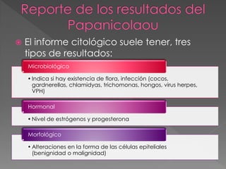    El informe citológico suele tener, tres
    tipos de resultados:
    Microbiológico

    • Indica si hay existencia de flora, infección (cocos,
      gardnerellas, chlamidyas, trichomonas, hongos, virus herpes,
      VPH)

    Hormonal

    • Nivel de estrógenos y progesterona

    Morfológico

    • Alteraciones en la forma de las células epiteliales
      (benignidad o malignidad)
 