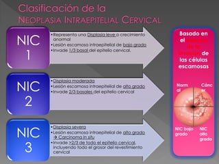Basado en
NIC
      •Representa una Displasia leve o crecimiento
       anormal                                          el espesor
      •Lesión escamosa intraepitelial de bajo grado
                                                           de la

 1
      •Invade 1/3 basal del epitelio cervical.
                                                       invasión de
                                                        las células
                                                       escamosas



NIC
      •Displasia moderada
      •Lesión escamosa intraepitelial de alto grado   Norm       Cánc
      •Invade 2/3 basales del epitelio cervical       al         er


 2

NIC
      •Displasia severa                               NIC bajo   NIC
      •Lesión escamosa intraepitelial de alto grado   grado      alto
        Carcinoma In situ                                       grado

 3
      •Invade >2/3 de todo el epitelio cervical,
       incluyendo todo el grosor del revestimiento
       cervical
 
