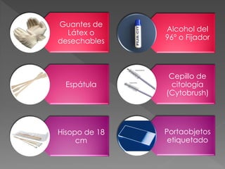 Guantes de
  Látex o      Alcohol del
desechables    96° o Fijador




                Cepillo de
  Espátula      citología
               (Cytobrush)




Hisopo de 18   Portaobjetos
     cm         etiquetado
 