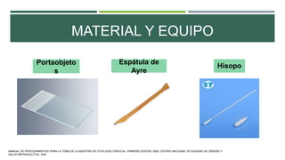 MATERIAL Y EQUIPO
Portaobjeto
s
Espátula de
Ayre
Hisopo
MANUAL DE PROCEDIMIENTOS PARA LA TOMA DE LA MUESTRA DE CITOLOGÍA CERVICAL. PRIMERA EDICIÓN. 2006. CENTRO NACIONAL DE EQUIDAD DE GÉNERO Y
SALUD REPRODUCTIVA. SSA.
 