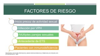 FACTORES DE RIESGO
Inicio precoz de actividad sexual
Infección por VPH
Múltiples parejas sexuales
Antecedente de ETS
Pacientes con inmunodeficiencia
PREVENCIÓN Y DETECCIÓN OPORTUNA DEL CÁNCER CERVICOUTERINO EN EL PRIMER NIVEL DE ATENCIÓN. GPC.
ACTUALIZACIÓN 2011. IMSS.
 