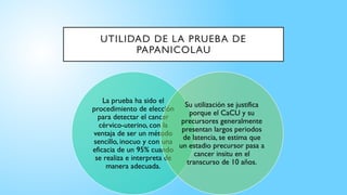 UTILIDAD DE LA PRUEBA DE
PAPANICOLAU
La prueba ha sido el
procedimiento de elección
para detectar el cancer
cérvico-uterino, con la
ventaja de ser un método
sencillo, inocuo y con una
eficacia de un 95% cuando
se realiza e interpreta de
manera adecuada.
Su utilización se justifica
porque el CaCU y su
precursores generalmente
presentan largos periodos
de latencia, se estima que
un estadio precursor pasa a
cancer insitu en el
transcurso de 10 años.
 