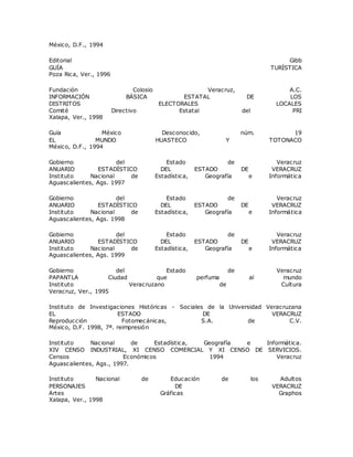México, D.F., 1994 
Editorial Gibb 
GUÍA TURÍSTICA 
Poza Rica, Ver., 1996 
Fundación Colosio Veracruz, A.C. 
INFORMACIÓN BÁSICA ESTATAL DE LOS 
DISTRITOS ELECTORALES LOCALES 
Comité Directivo Estatal del PRI 
Xalapa, Ver., 1998 
Guía México Desconocido, núm. 19 
EL MUNDO HUASTECO Y TOTONACO 
México, D.F., 1994 
Gobierno del Estado de Veracruz 
ANUARIO ESTADÍSTICO DEL ESTADO DE VERACRUZ 
Instituto Nacional de Estadística, Geografía e Informática 
Aguascalientes, Ags. 1997 
Gobierno del Estado de Veracruz 
ANUARIO ESTADÍSTICO DEL ESTADO DE VERACRUZ 
Instituto Nacional de Estadística, Geografía e Informática 
Aguascalientes, Ags. 1998 
Gobierno del Estado de Veracruz 
ANUARIO ESTADÍSTICO DEL ESTADO DE VERACRUZ 
Instituto Nacional de Estadística, Geografía e Informática 
Aguascalientes, Ags. 1999 
Gobierno del Estado de Veracruz 
PAPANTLA Ciudad que perfuma al mundo 
Instituto Veracruzano de Cultura 
Veracruz, Ver., 1995 
Instituto de Investigaciones Históricas - Sociales de la Universidad Veracruzana 
EL ESTADO DE VERACRUZ 
Reproducción Fotomecánicas, S.A. de C.V. 
México, D.F. 1998, 7ª. reimpresión 
Instituto Nacional de Estadística, Geografía e Informática. 
XIV CENSO INDUSTRIAL, XI CENSO COMERCIAL Y XI CENSO DE SERVICIOS. 
Censos Económicos 1994 Veracruz 
Aguascalientes, Ags., 1997. 
Instituto Nacional de Educación de los Adultos 
PERSONAJES DE VERACRUZ 
Artes Gráficas Graphos 
Xalapa, Ver., 1998 
 