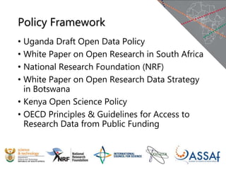 Policy Framework
• Uganda Draft Open Data Policy
• White Paper on Open Research in South Africa
• National Research Foundation (NRF)
• White Paper on Open Research Data Strategy
in Botswana
• Kenya Open Science Policy
• OECD Principles & Guidelines for Access to
Research Data from Public Funding
 