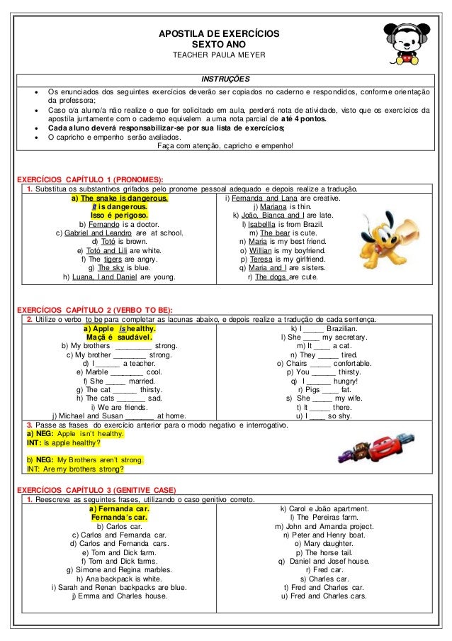 Lista de exercícios de Inglês (sexto ano)
