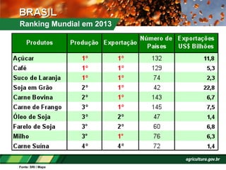 Ranking Mundial em 2013
Fonte: SRI / Mapa
 