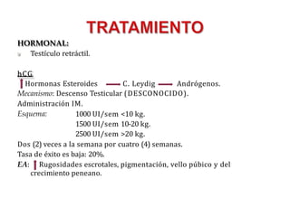 HORMONAL:
Testículo retráctil.
hCG
Hormonas Esteroides C. Leydig Andrógenos.
Mecanismo: Descenso Testicular (DESCONOCIDO).
Administración IM.
Esquema: 1000 UI/sem <10 kg.
1500 UI/sem 10-20 kg.
2500 UI/sem >20 kg.
Dos (2) veces a la semana por cuatro (4) semanas.
Tasa de éxito es baja: 20%.
EA: Rugosidades escrotales, pigmentación, vello púbico y del
crecimiento peneano.
 