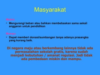 Masyarakat Miskin Mengurangi beban atau bahkan membebaskan sama sekali anggaran untuk pendidikan Mampu Dapat memberi donasi/sumbangan tanpa adanya prasangka yang kurang baik. Di negara maju atau berkembang lainnya tidak ada permasalahan sekolah gratis, karena sudah menjadi kebutuhan / amanat regulasi. Jadi tidak ada pembedaan miskin dan mampu. 