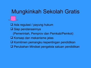 Mungkinkah Sekolah Gratis Ada regulasi / payung hukum Siap pendanaannya  (Pemerintah, Pemprov dan Pemkab/Pemkot) Konsep dan mekanisme jelas Komitmen pemangku kepentingan pendidikan Perubahan Mindset pengelola satuan pendidikan 