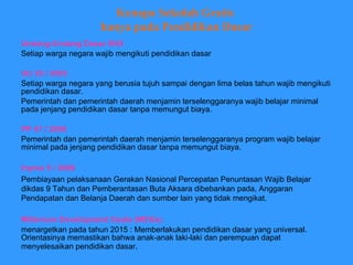 Kenapa Sekolah Gratis  hanya pada Pendidikan Dasar Undang-Undang Dasar l945 Setiap warga negara wajib mengikuti pendidikan dasar UU 20 / 2003 Setiap warga negara yang berusia tujuh sampai dengan lima belas tahun wajib mengikuti pendidikan dasar. Pemerintah dan pemerintah daerah menjamin terselenggaranya wajib belajar minimal pada jenjang pendidikan dasar tanpa memungut biaya. PP 47 / 2008 Pemerintah dan pemerintah daerah menjamin terselenggaranya program wajib belajar minimal pada jenjang pendidikan dasar tanpa memungut biaya. Inpres 5 / 2006 Pembiayaan pelaksanaan Gerakan Nasional Percepatan Penuntasan Wajib Belajar dikdas 9 Tahun dan Pemberantasan Buta Aksara dibebankan pada, Anggaran Pendapatan dan Belanja Daerah dan sumber lain yang tidak mengikat. Millenium Development Goals (MDGs)   menargetkan pada tahun 2015 :  M emberlakukan pendidikan dasar yang universal. Orientasinya memastikan bahwa anak-anak laki-laki dan perempuan dapat menyelesaikan pendidikan dasar . 