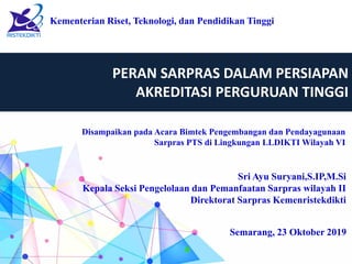 PERAN SARPRAS DALAM PERSIAPAN
AKREDITASI PERGURUAN TINGGI
Kementerian Riset, Teknologi, dan Pendidikan Tinggi
Disampaikan pada Acara Bimtek Pengembangan dan Pendayagunaan
Sarpras PTS di Lingkungan LLDIKTI Wilayah VI
Sri Ayu Suryani,S.IP,M.Si
Kepala Seksi Pengelolaan dan Pemanfaatan Sarpras wilayah II
Direktorat Sarpras Kemenristekdikti
Semarang, 23 Oktober 2019
 