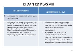 KI DAN KD KLAS VIII
           KOMPETENSI INTI
                                                      KOMPETENSI DASAR

1. Menghargai dan menghayati ajaran agama
   yang dianutnya.

2. Menghargai dan menghayati perilaku jujur,     1. Menunjukkan perilaku jujur, ingin
   disiplin, tanggungjawab, peduli (toleransi,      tahu, percaya diri, dan toleransi ketika
   gotong royong), santun, percaya diri,            melaksanakan komunikasi
   dalam berinteraksi secara efektif dengan         transaksional.
   lingkungan sosial dan alam dalam              2. Menghargai dan menunjukkan
   jangkauan pergaulan dan keberadaannya.           perilaku motivasi internal dan
                                                    tanggung jawab dalam belajar mandiri
                                                    dan kerjasama dengan teman untuk
                                                    pengembangan kemampuan berbahasa.



                                                                                         112
 
