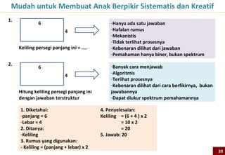 Results of Mathematics (8th Grade)
                                                         2007                                                                                                                                                2011
       Very Low                             Low             Intermediate                       High               Advance                           Very Low                        Low                  Intermediate                       High                  Advance
100%                                                                                                                                         100%
 90%                                                                                                                                          90%
 80%                                                                                                                                          80%
 70%                                                                                                                                          70%
 60%                                                                                                                                          60%
 50%                                                                                                                                          50%
 40%                                                                                                                                          40%
 30%                                                                                                                                          30%
 20%                                                                                                                                          20%
 10%                                                                                                                                          10%
  0%                                                                                                                                           0%
                                            Singapore




                                                                                                                                                                        Singapore
                                                                         Thailand




                                                                                                                                                                                                                                 Thailand
                                                                                    Malaysia




                                                                                                                                                                                                                      Malaysia
                                                                                                                    Morocco




                                                                                                                                                                                                                                                                    Morocco
                                                                                               Iran




                                                                                                                                                                                                                                            Iran
                                                        Japan




                                                                                                                                                                                                     Japan
                                                                                                      Indonesia



                                                                                                                              Saudi Arabia




                                                                                                                                                                                                                                                   Saudi Arabia



                                                                                                                                                                                                                                                                              Indonesia
                                                                Turkey




                                                                                                                                                                                                             Turkey
                           Korea, Rep. of




                                                                                                                                                                                    Korea, Rep. of
          Chinese Taipei




                                                                                                                                                       Chinese Taipei
   Lebih dari 95% siswa Indonesia hanya mampu sampai level menengah, sementara hampir 50%
   siswa Taiwan mampu mencapai level tinggi dan advance. Dengan keyakinan bahwa semua
   anak dilahirkan sama, kesimpulan dari hasil ini adalah yang diajarkan di Indonesia berbeda
   dengan yang diujikan [yang distandarkan] internasional

                                                                                                                                                                                                                                                                                   39
 