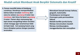 Results of Reading (4th Grade)
                                            2006                                                                                2011
   Very Low          Low                    Intermediate   High         Advance             Very Low         Low               Intermediate              High               Advance
100%                                                                                 100%
 90%                                                                                  90%
 80%                                                                                  80%
 70%                                                                                  70%
 60%                                                                                  60%
 50%                                                                                  50%
 40%                                                                                  40%
 30%                                                                                  30%
 20%                                                                                  20%
 10%                                                                                  10%
  0%                                                                                   0%
                                                   Iran




                                                                                                                                 Iran
                           Chinese Taipei




                                                                                                              Chinese Taipei
         Singapore




                                                                                                 Singapore




                                                                                                                                          Saudi Arabia
                                                            Indonesia




                                                                                                                                                                Indonesia
                                                                           Morocco




                                                                                                                                                                                Morocco
   Lebih dari 95% siswa Indonesia hanya mampu sampai level menengah, sementara lebih dari
   50% siswa Taiwan mampu mencapai level tinggi dan advance. Dengan keyakinan bahwa
   semua anak dilahirkan sama, kesimpulan dari hasil ini adalah yang diajarkan di Indonesia
   berbeda dengan yang diujikan [yang distandarkan] internasional

                                                                                                                                                                                          41
 