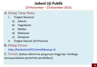 Perbedaan Esensial Kurikulum SMP
         KTSP 2006                            Kurikulum 2013                   Status
Mata pelajaran tertentu        Tiap mata pelajaran mendukung semua           Benarnya
mendukung kompetensi           kompetensi [sikap, keterampilan, pengetahuan]
tertentu
Mata pelajaran dirancang       Mata pelajaran dirancang terkait satu dengan   Benarnya
berdiri sendiri dan memiliki   yang lain dan memiliki kompetensi dasar yang
kompetensi dasar sendiri       diikat oleh kompetensi inti tiap kelas
Bahasa Indonesia sebagai       Bahasa Indonesia sebagai alat komunikasi dan   Idealnya
pengetahuan                    carrier of knowledge
Tiap mata pelajaran            Semua mata pelajaran diajarkan dengan          Idealnya
diajarkan dengan               pendekatan yang sama, yaitu pendekatan
pendekatan yang berbeda        saintifik melalui mengamati, menanya,
                               mencoba, menalar,....
TIK adalah mata pelajaran      TIK merupakan sarana pembelajaran,             Baiknya
sendiri                        dipergunakan sebagai media pembelajaran
                               mata pelajaran lain


                                                                                        66
 