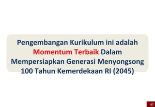Kunci Keberhasilan Implementasi Kurikulum 2013

• Ketersediaan Buku Pegangan Pembelajaran:
  – Siswa
  – Guru
• Ketersediaan Buku Pedoman Penilaian
• Kesiapan Guru
  – Penyesuaian kompetensi guru (4+1)
• Dukungan Manajemen
  – Kepala Sekolah
  – Pengawas Sekolah
  – Administrasi sekolah [khususnya untuk SMA dan SMK]
• Dukungan Iklim/Budaya Akademik
  – Keterlibatan dan kesiapan semua pemangku kepentingan
    [siswa, guru, orang tua, kepala sekolah, pengawas sekolah]


                                                                 67
 