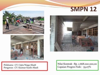 SMPN 12
Nilai Kontrak : Rp. 2.668.000.000,00
Capaian Progres Fisik : 55,07%
Pelaksana : CV. Cipta Niaga Abadi
Pengawas : CV. Kautsar Susilo Abadi
 