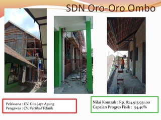 SDN Oro-Oro Ombo
Nilai Kontrak : Rp. 824.913.931,00
Capaian Progres Fisik : 54,40%
Pelaksana : CV. Gita Jaya Agung
Pengawas : CV. Vertikal Teknik
 