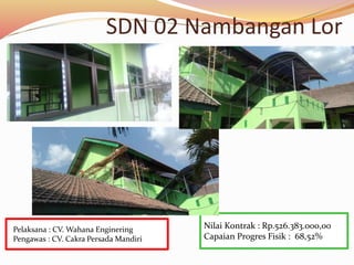 SDN 02 Nambangan Lor
Nilai Kontrak : Rp.526.383.000,00
Capaian Progres Fisik : 68,52%
Pelaksana : CV. Wahana Enginering
Pengawas : CV. Cakra Persada Mandiri
 