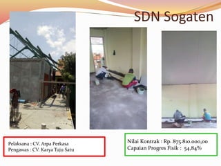 SDN Sogaten
Nilai Kontrak : Rp. 875.810.000,00
Capaian Progres Fisik : 54,84%
Pelaksana : CV. Arpa Perkasa
Pengawas : CV. Karya Tuju Satu
 