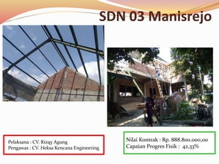 SDN 03 Manisrejo
Nilai Kontrak : Rp. 888.800.000,00
Capaian Progres Fisik : 42,33%
Pelaksana : CV. Rizqy Agung
Pengawas : CV. Heksa Kencana Engineering
 