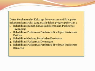 Dinas Kesehatan dan Keluarga Berencana memiliki 5 paket
pekerjaan konstruksi yang masih dalam progres pekerjaan :
1. Rehabilitasi Rumah Dinas Kedokteran dan Puskesmas
Tawangrejo
2. Rehabilitasi Puskesmas Pembantu di wilayah Puskesmas
Patihan
3. Rehabilitasi Gudang Perbekalan Kesehatan
4. Rehabilitasi Puskesmas Demangan
5. Rehabilitasi Puskesmas Pembantu di wilayah Puskesmas
Banjarejo
 